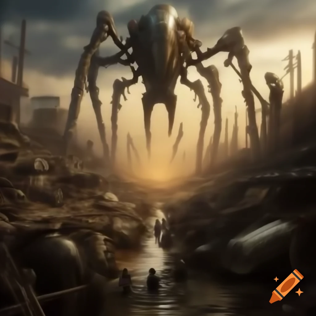 Post-apocalyptic wasteland with strange creatures and robotic soldiers, giant robotic spider in background