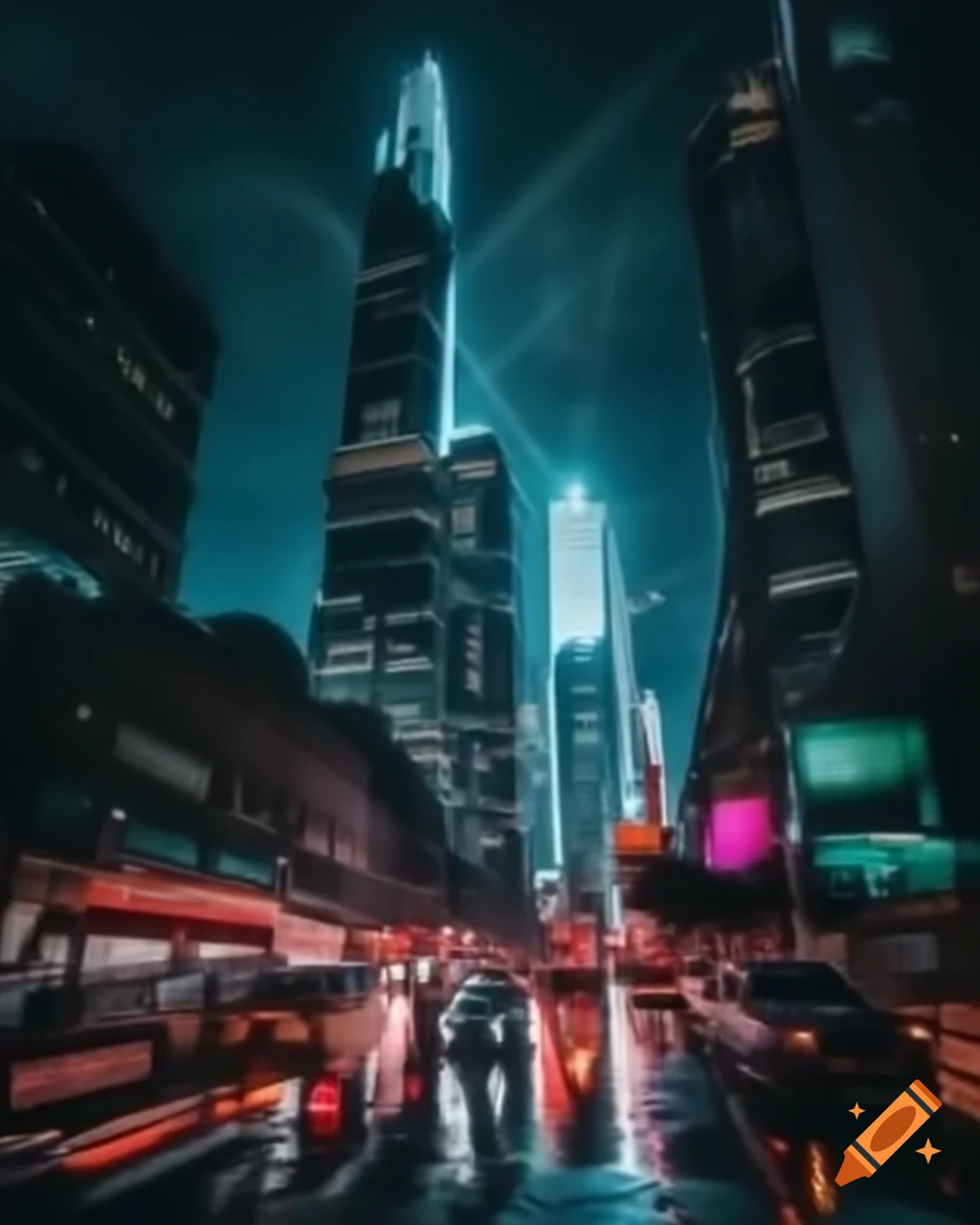 Cinematic night cityscape with neon lights and towering skyscrapers