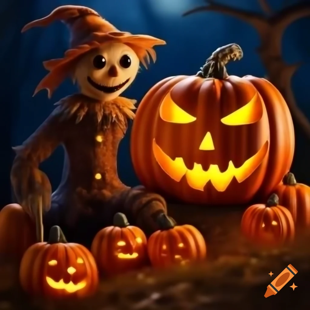 Scarecrow and jack-o'-lantern as best friends