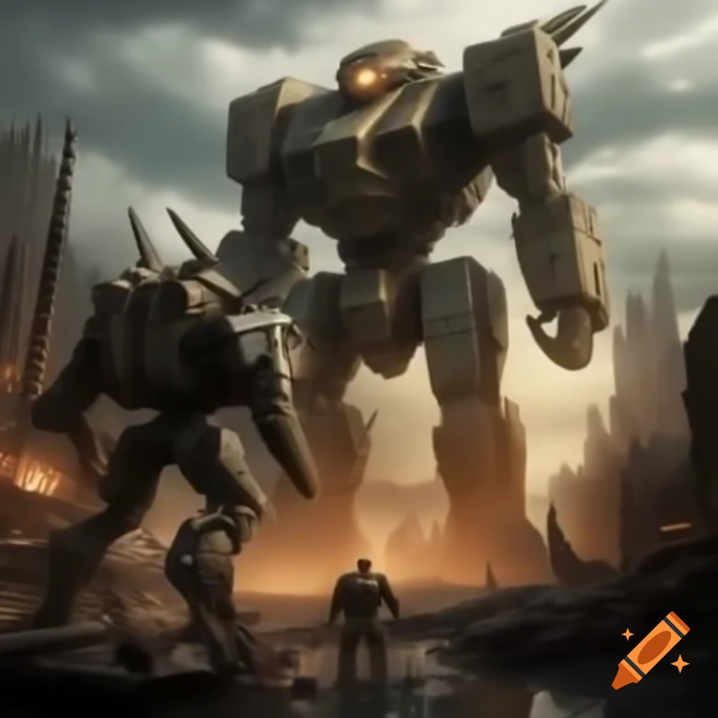 Giant mech robot battling dragon in post-apocalyptic wasteland