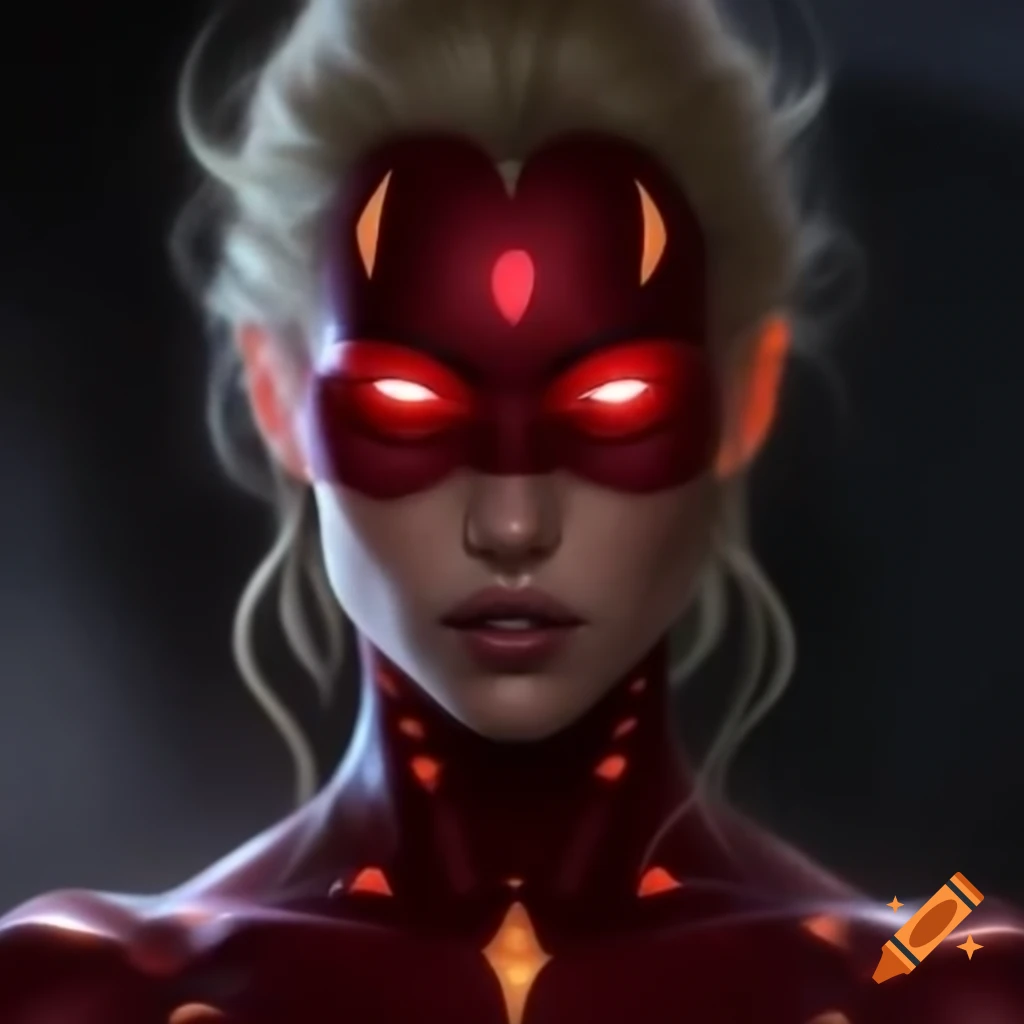 Muscular woman in red spandex suit with gold accents and glowing eye pieces