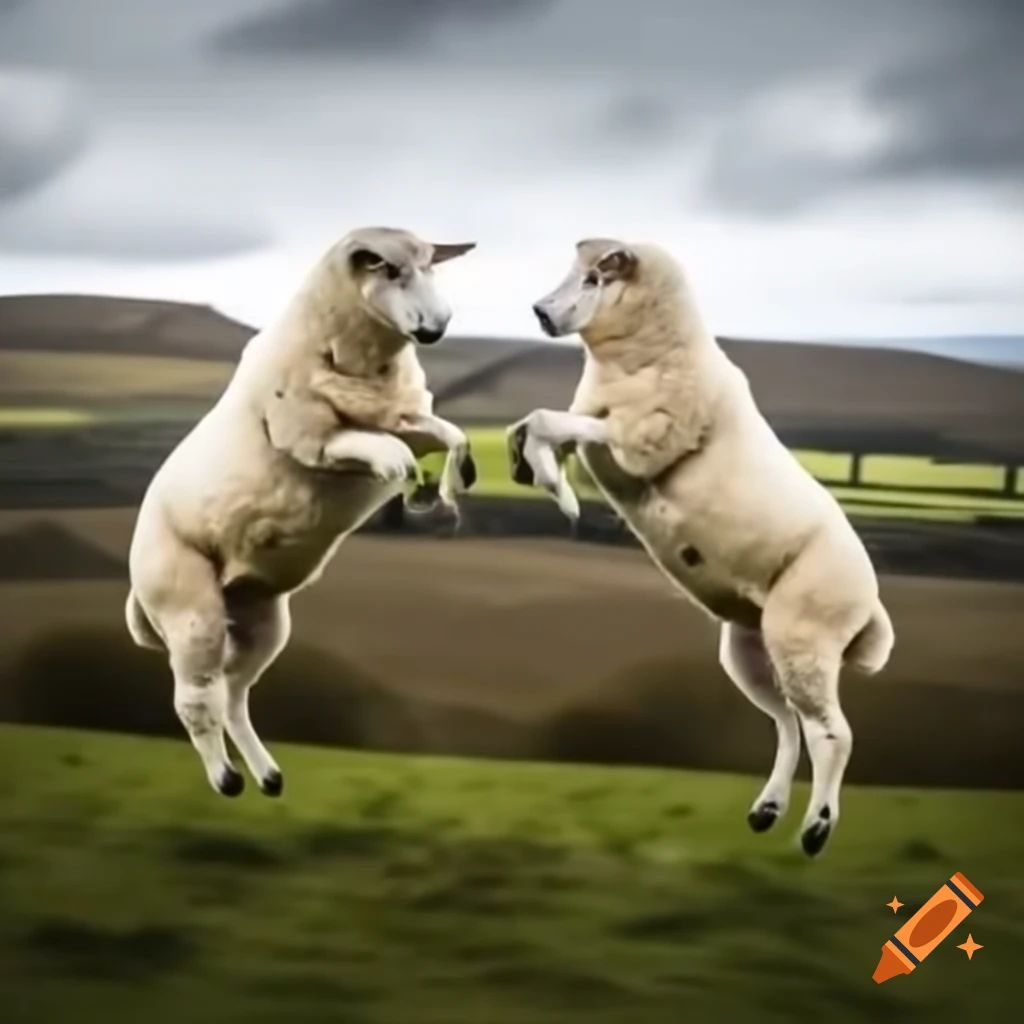 Two sheep jumping over each other in a Welsh field