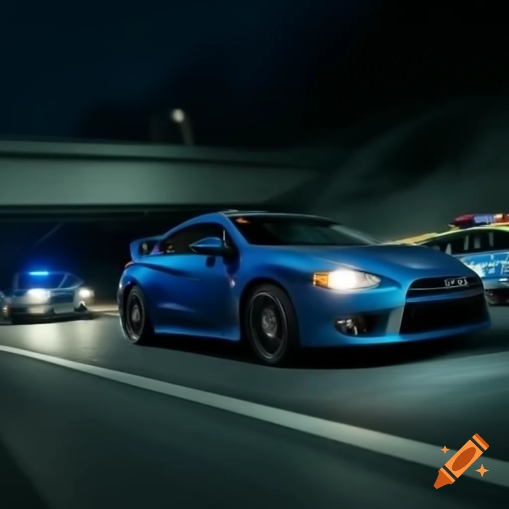 Mitsubishi Eclipse 2012 pursued by police cars on nighttime interstate