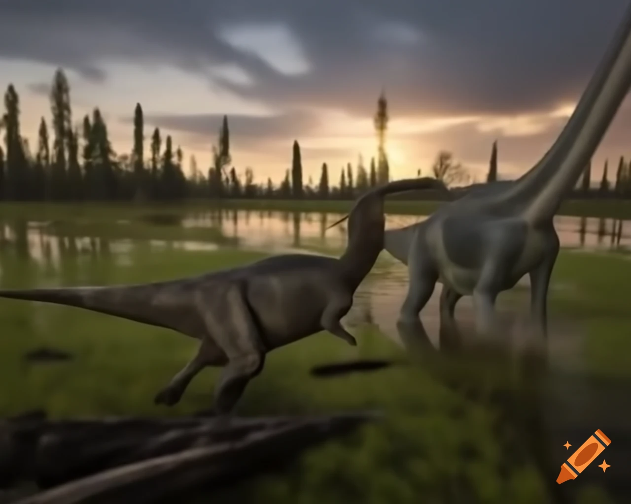 Cinnamon and grey striped hadrosaurus in marshland during golden hour