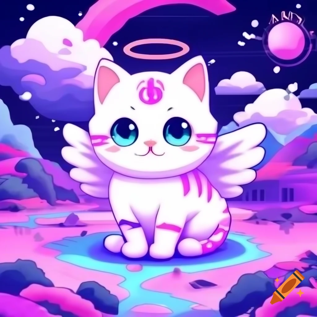 Cute angel kitten in anime style in pink and purple themed heaven