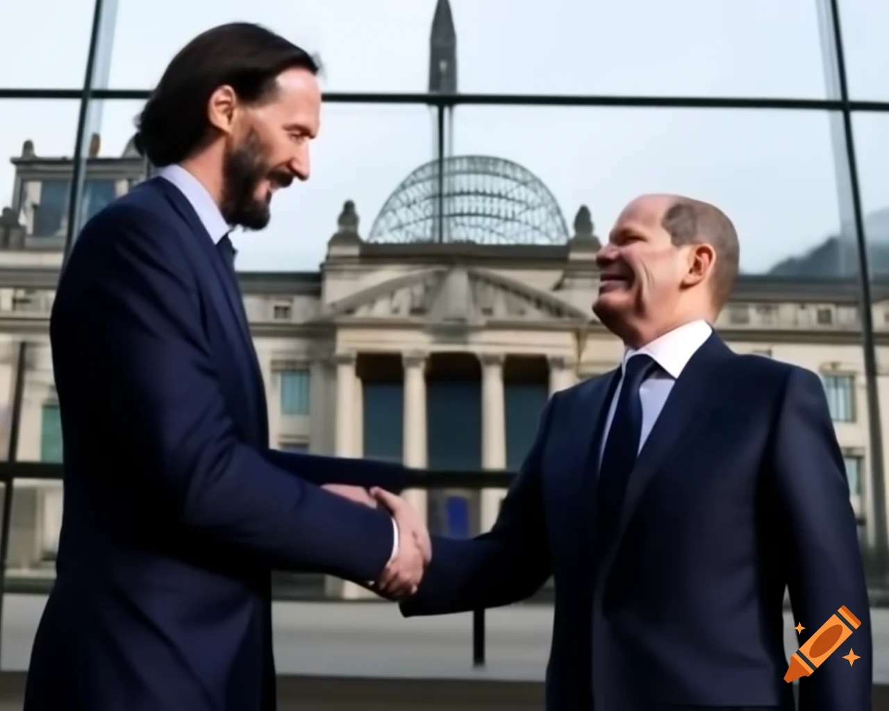 John Wick and Olaf Scholz meeting in front of the Bundestag