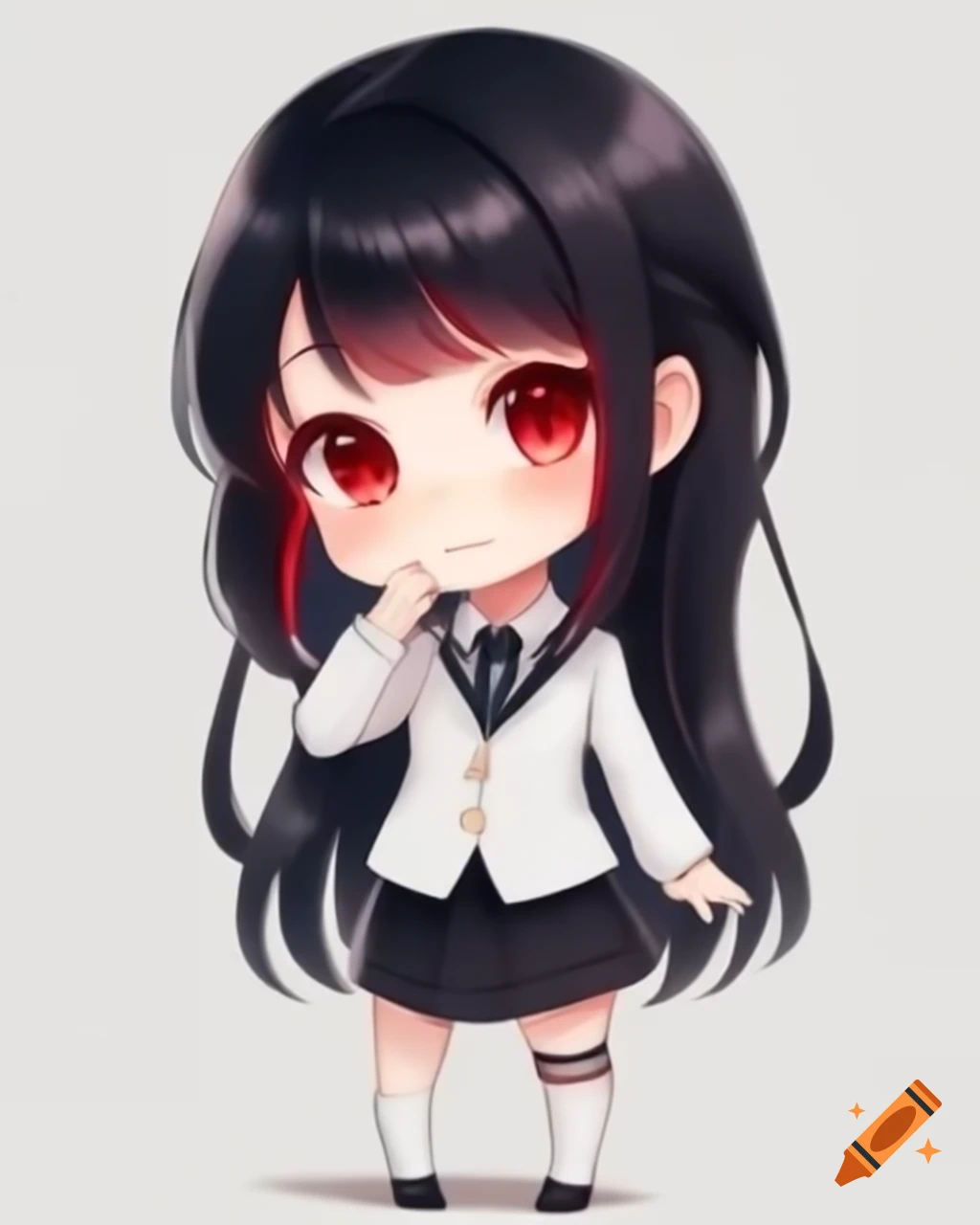 Chibi anime businesswoman with red eyes and black hair in white suit