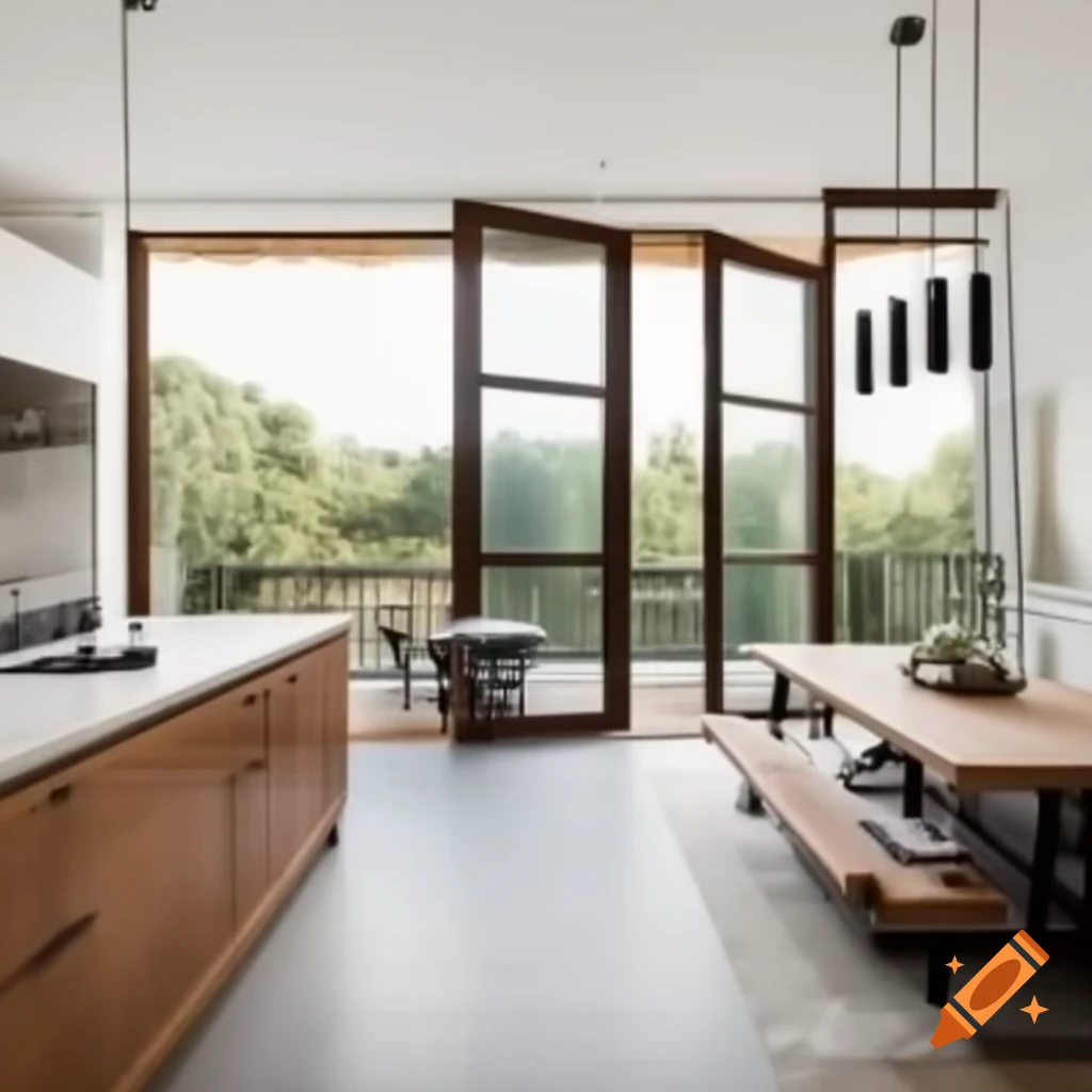 Modern house with open living room and kitchen, featuring patio and home office
