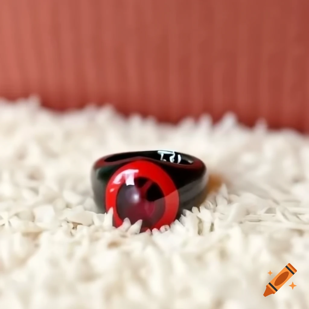 Abstract red and black ring design on white carpet