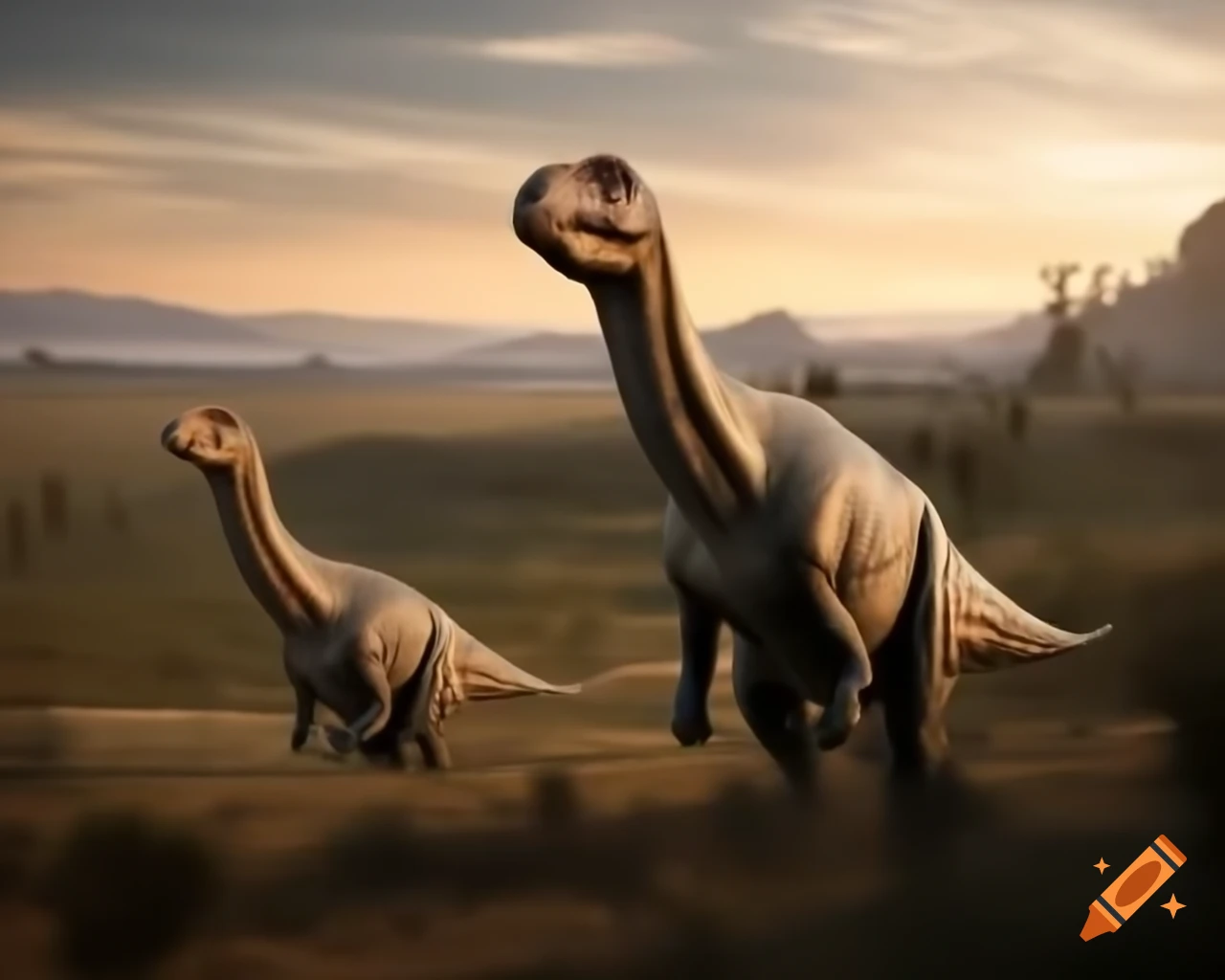 Pair of hadrosaurus moving in moor landscape during golden hour