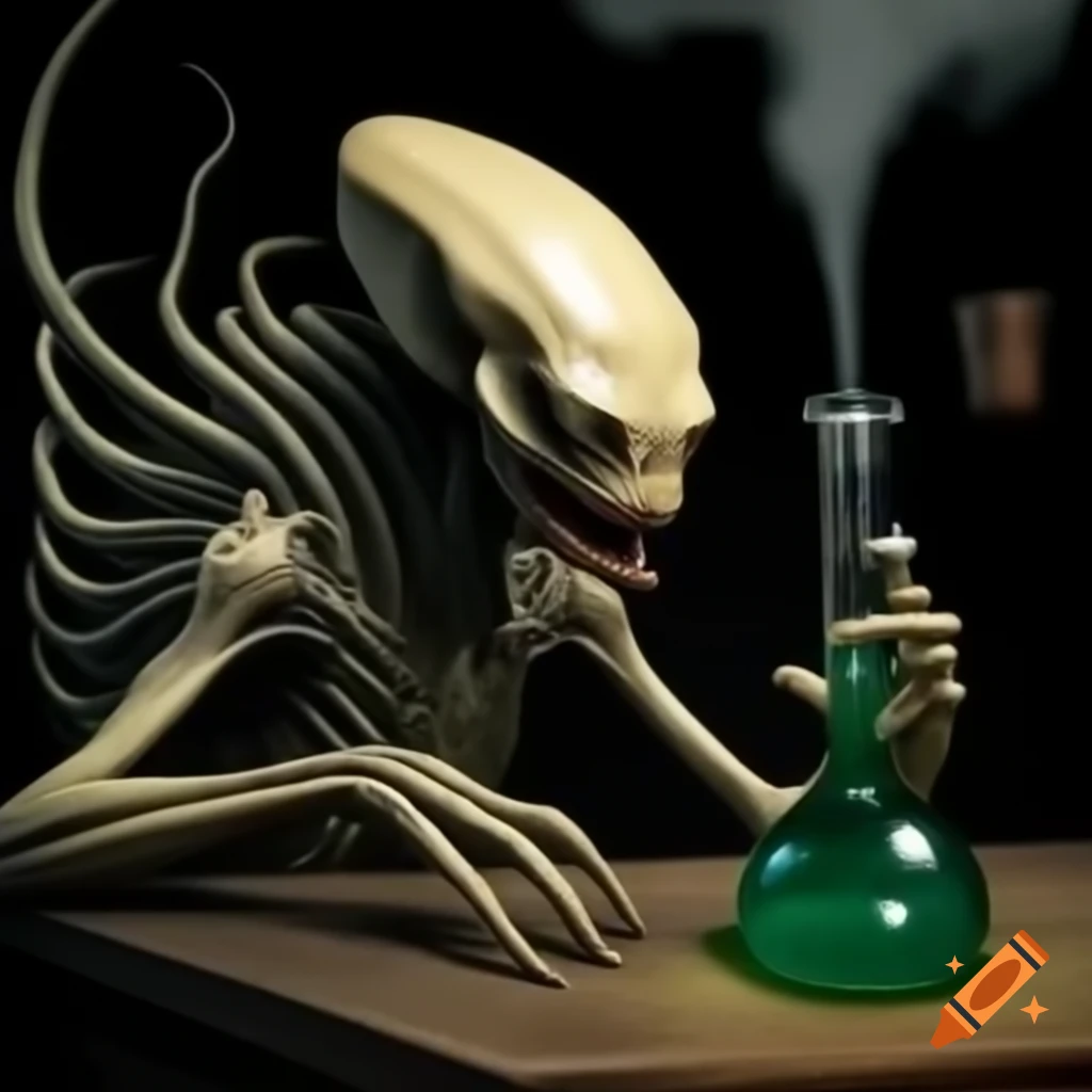 Xenomorph character using a bong