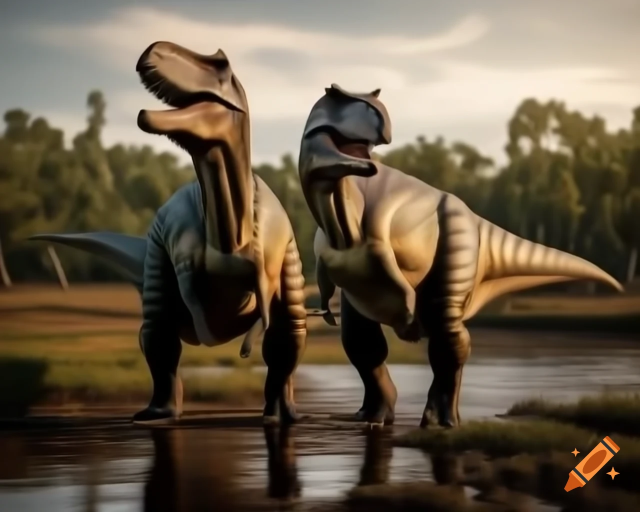 Hadrosaurus dinosaurs standing by lake bank in bushland during afternoon light