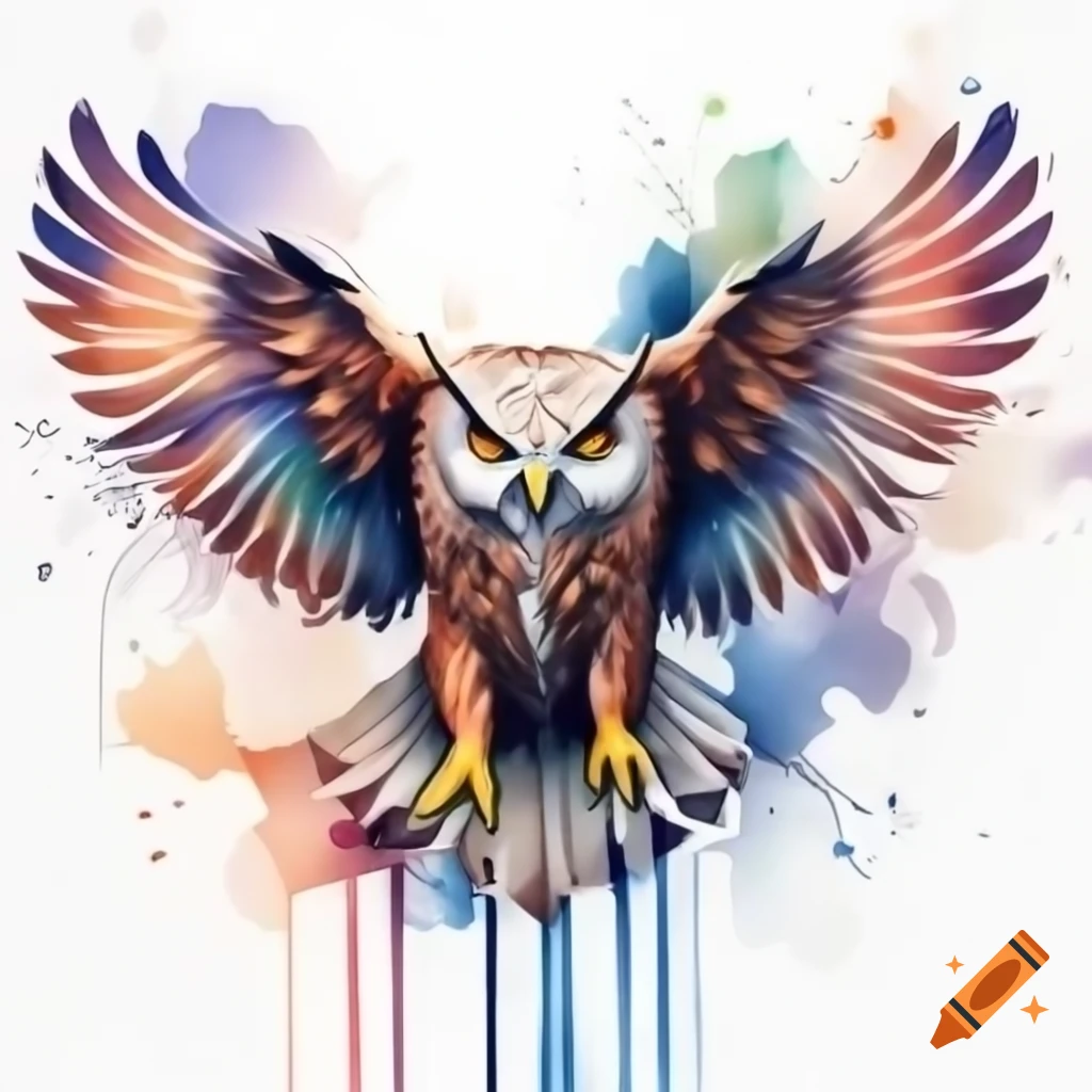 Colorful drawing of a flying eagle owl
