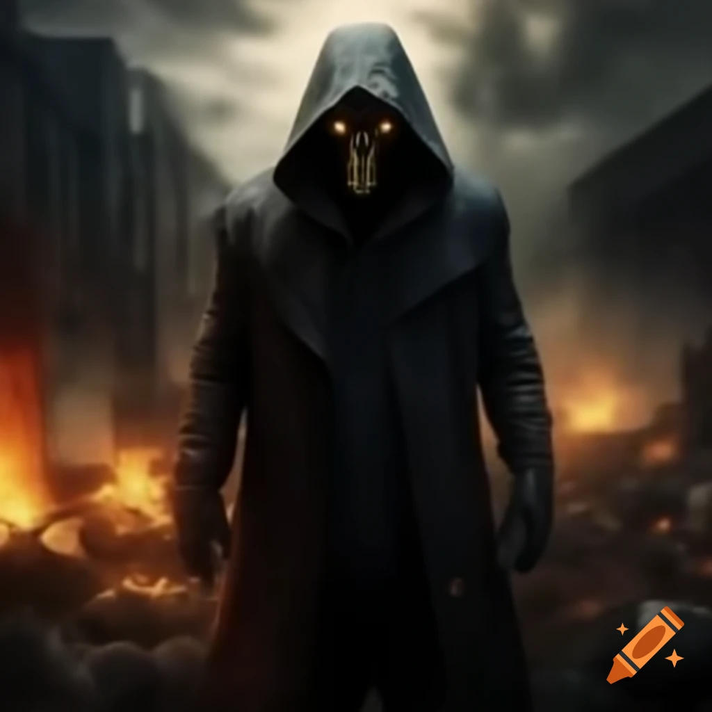 Strong man in full-length cloak and terrifying mask in post-apocalyptic setting