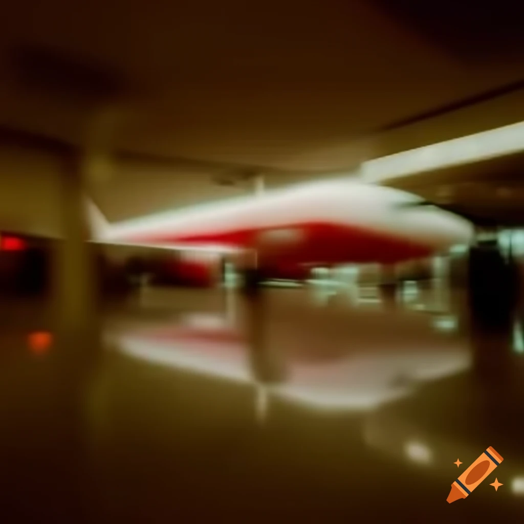 Blurry glitch art of airplane lobby interior in beige and red colors