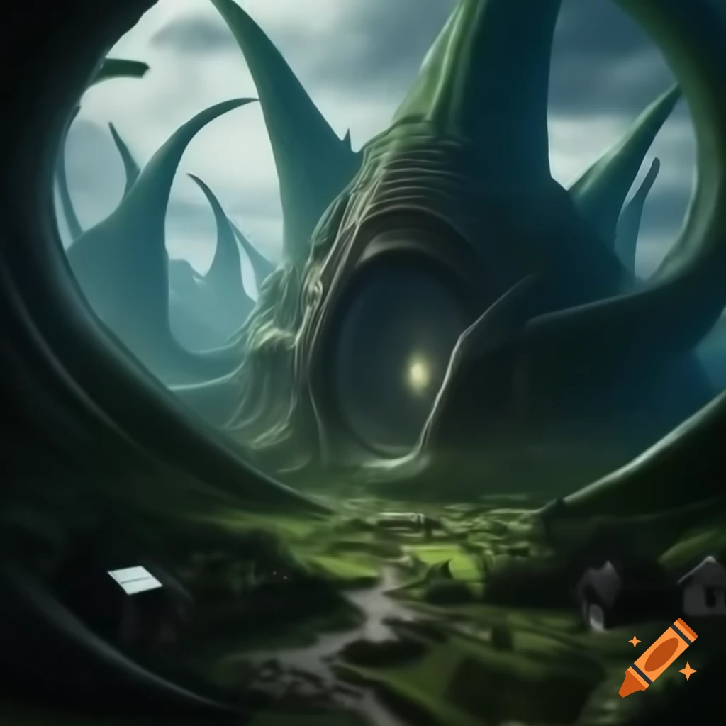 Hyperdetailed village within alien ruins