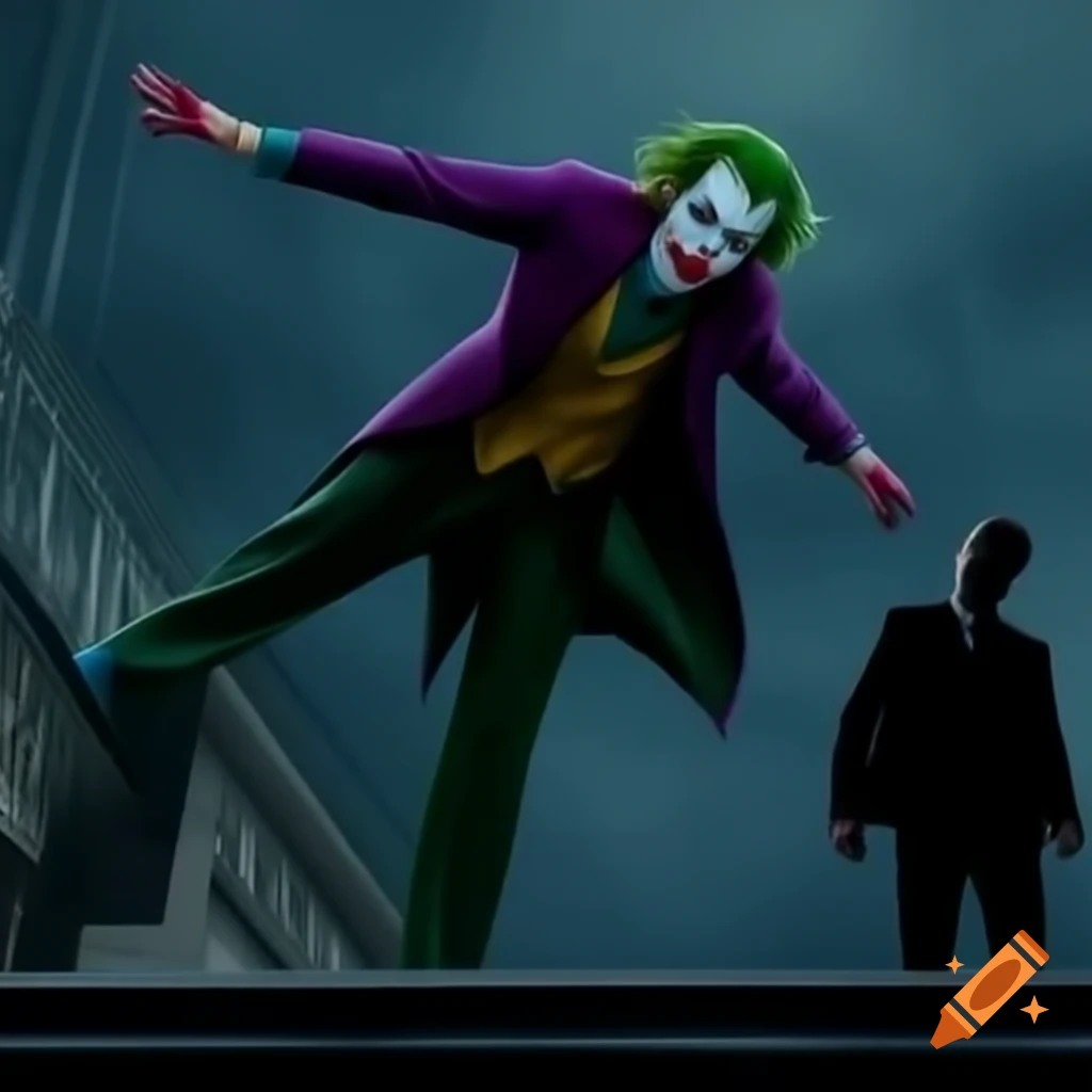 Silhouette of a man throwing The Joker off a rooftop