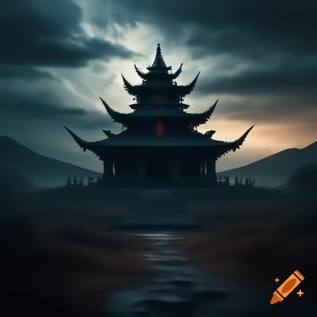 Dramatic render of dark temple in hills at twilight, Panfuturism style