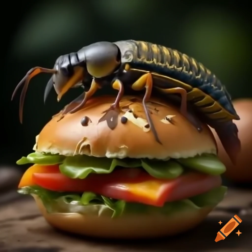 Realistic illustration of an earwig next to an egg sandwich
