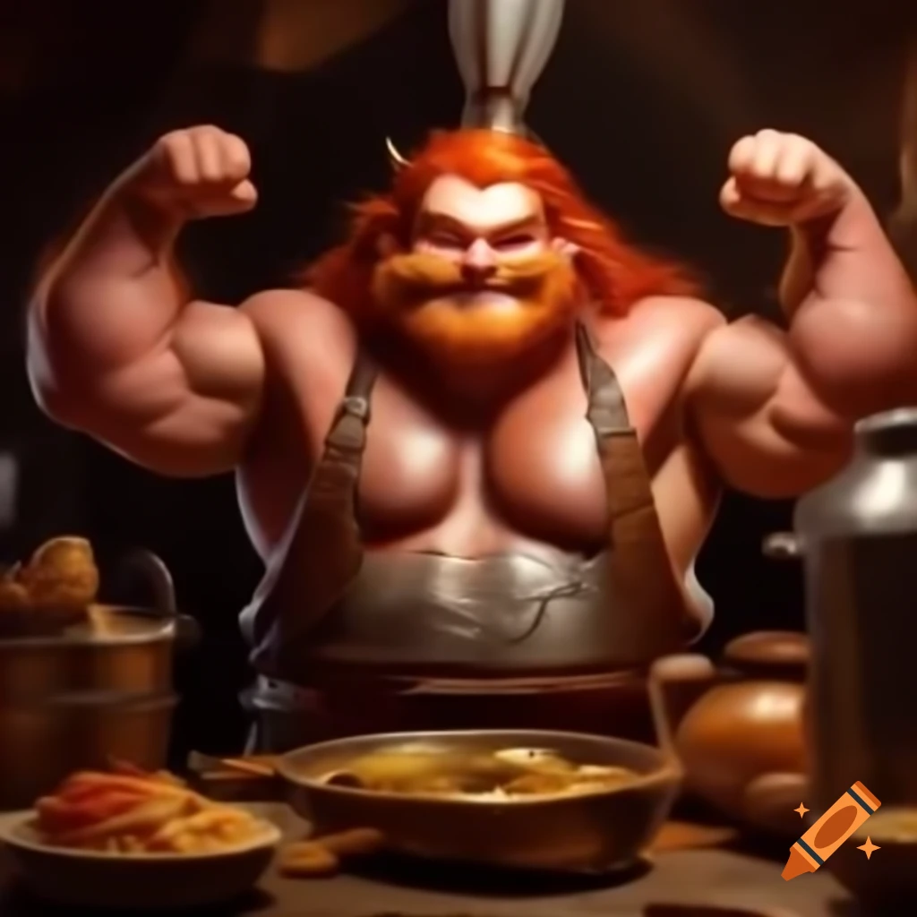 Goliath chef with red hair cooking a delicious meal