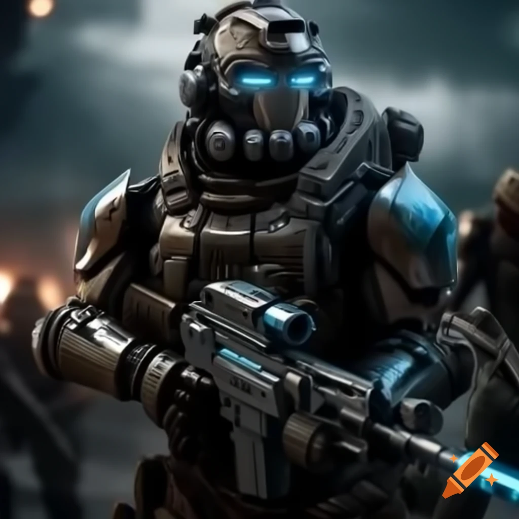 Cybernetically augmented soldier in armor with laser rifle in futuristic battlefield