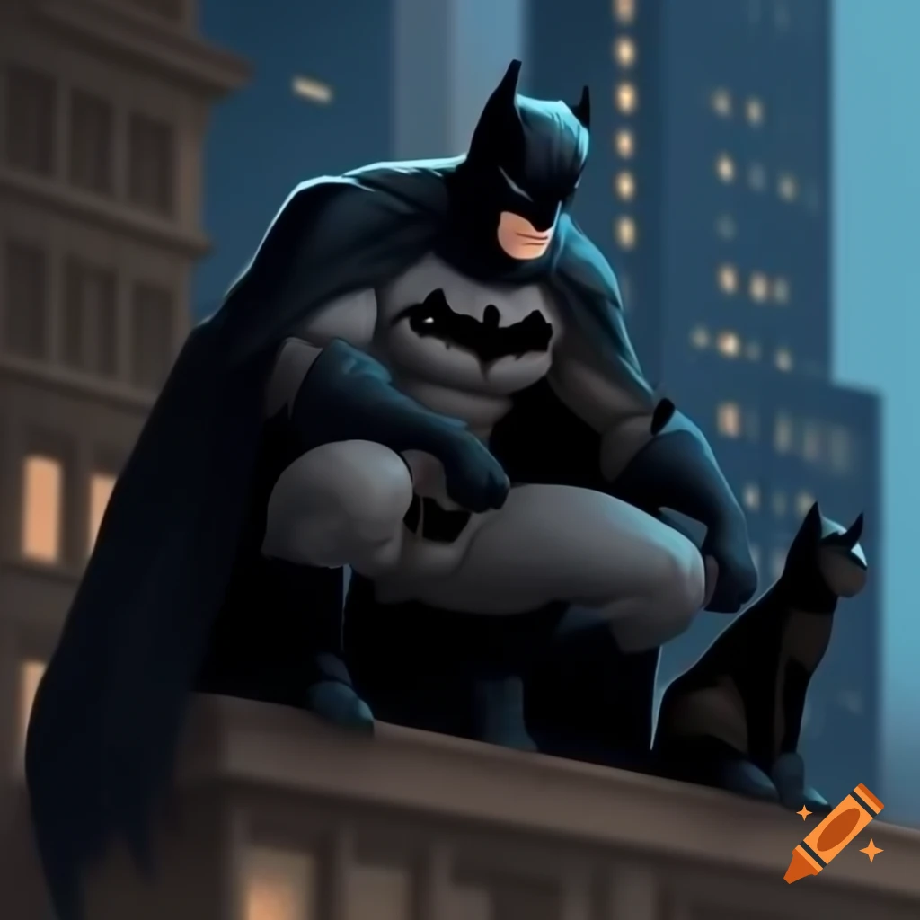 Batman in batsuit sitting on tall building petting black cat, digital art