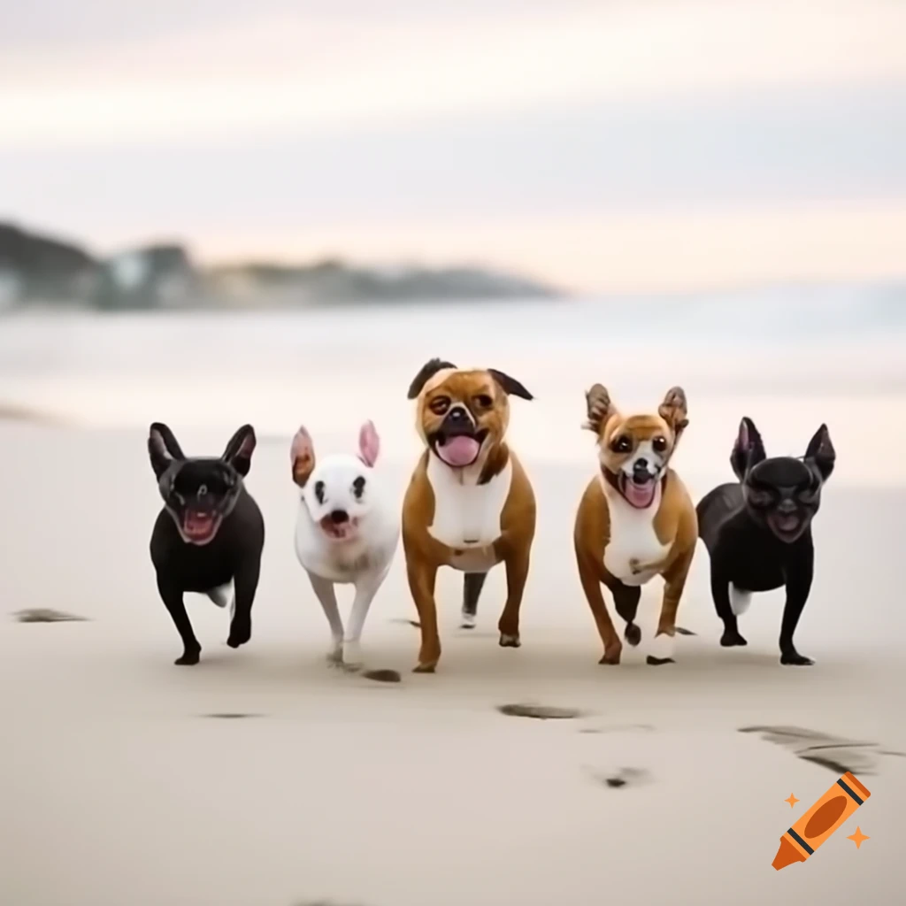Five real dogs including a chihuahua, American bulldog, and three pit bulls walking on the beach
