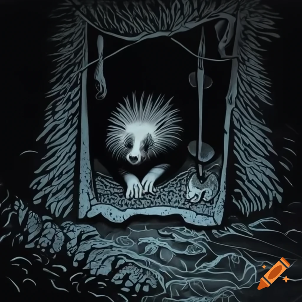 Linocut of porcupine in atmospheric house with ethereal lighting