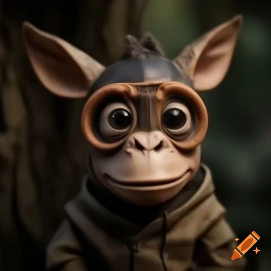 Tiny wood bark human wearing plastic Donkey Kong mask, realistic style