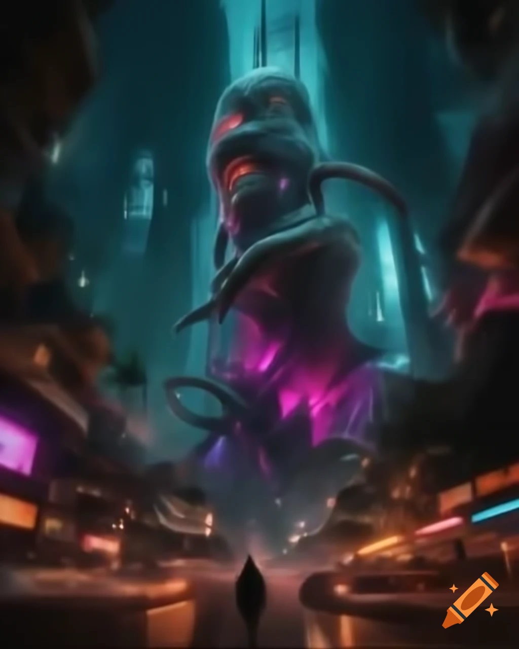 Surreal Biopunk cityscape depicting fusion of technology and biology