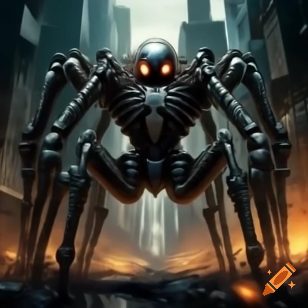 Giant robotic spider navigating post-apocalyptic cityscape with skull-shaped cockpit and neon lights