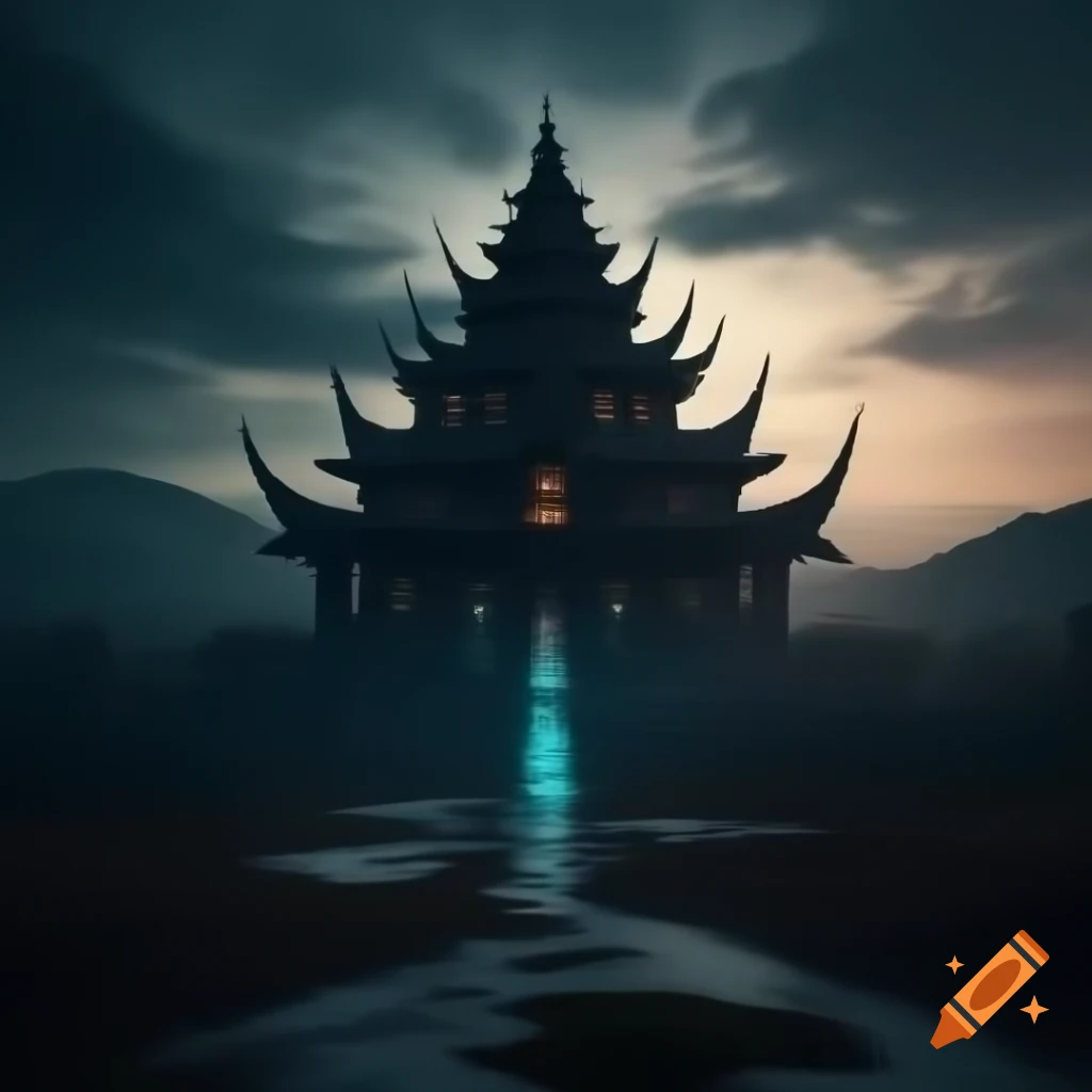 Dramatic render of dark temple in hills at twilight, Panfuturism style