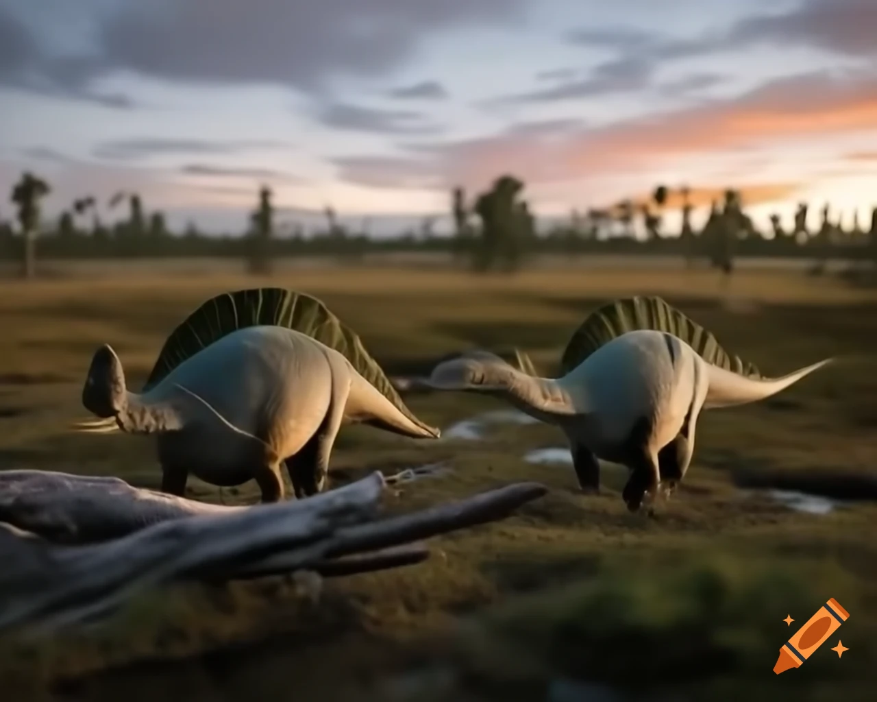 Cinnamon and grey striped hadrosaurus in marshland during golden hour