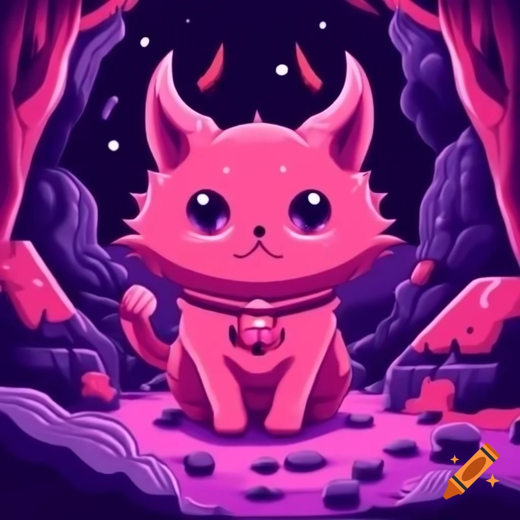 Cute devil horned kitten in colorful hell scenery, anime cartoon style