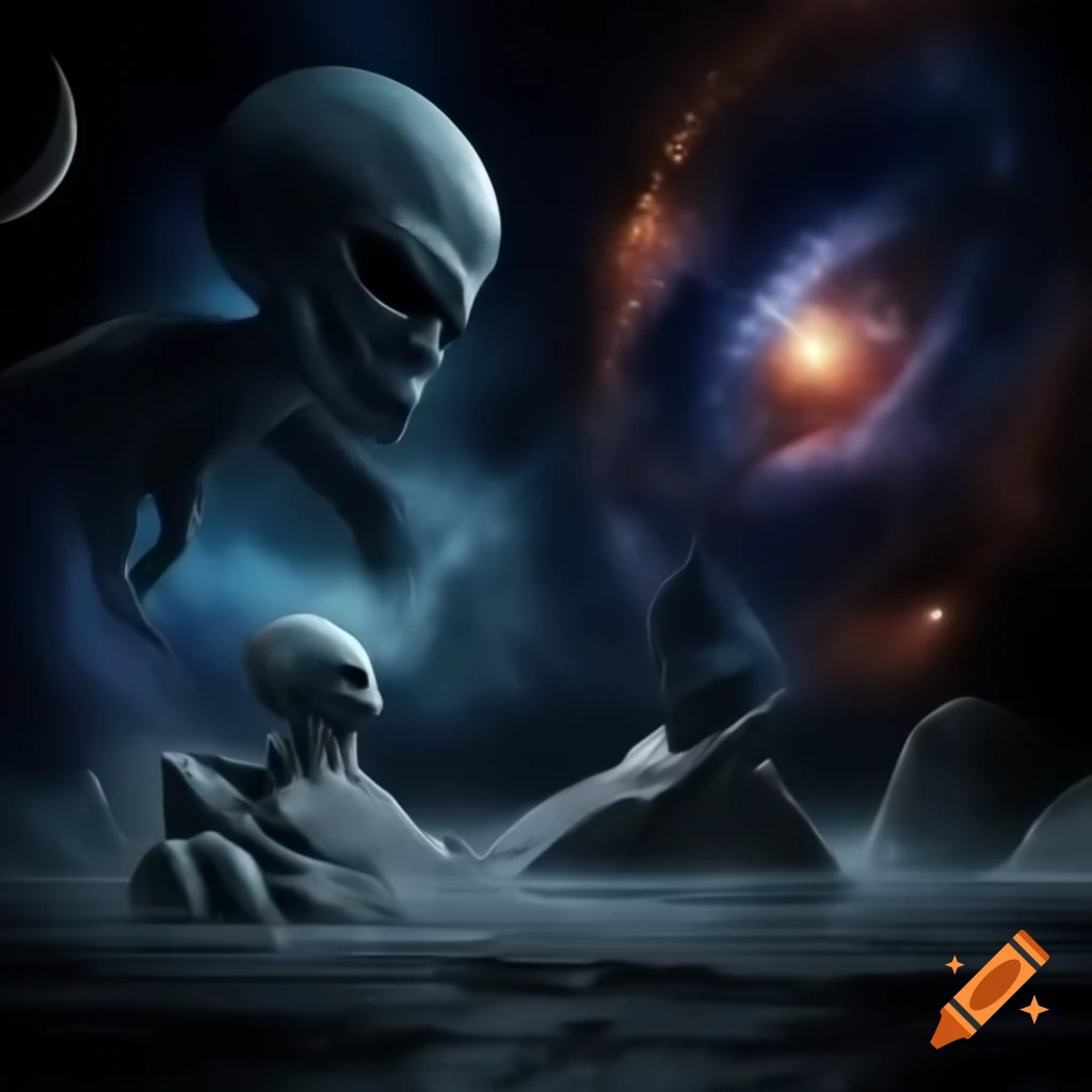 Surreal cosmic dream war scene featuring aliens at an amphitheater