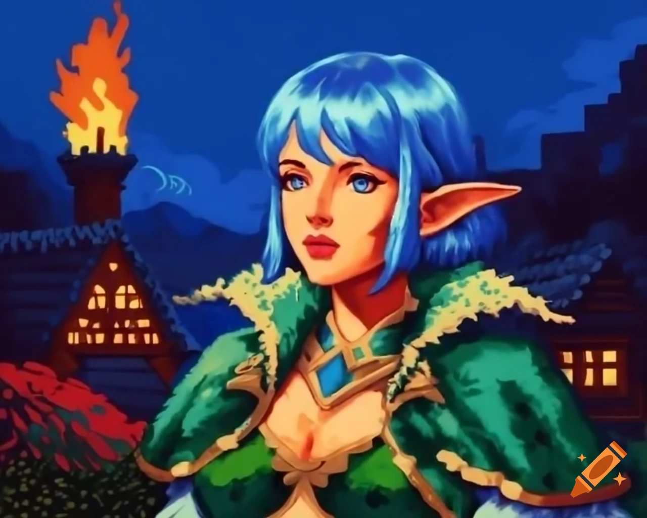 Retro pixel art portrait of blue-haired demi-elf in nomad village