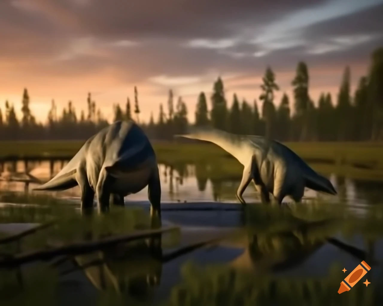 Cinnamon and grey striped hadrosaurus in marshland during golden hour