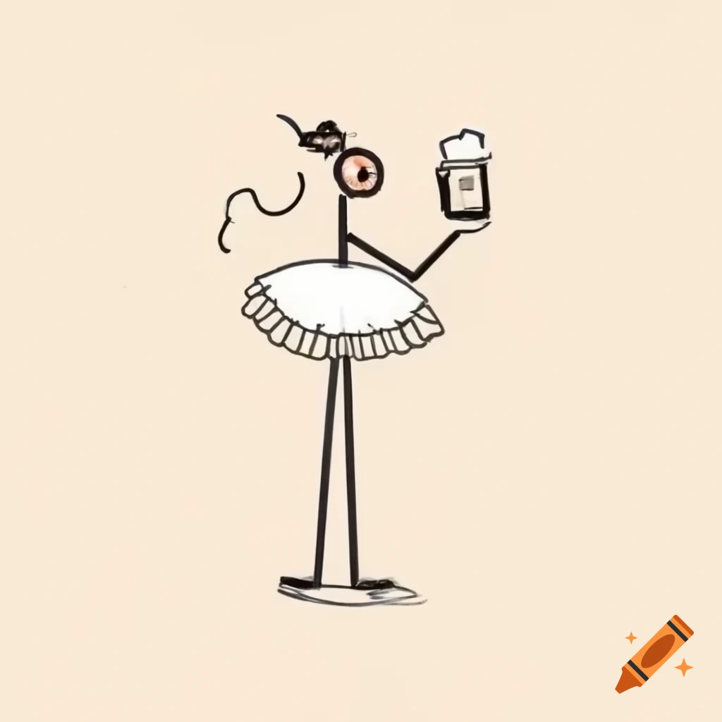 Stick figure in tutu holding beer, smoking head in one line drawing