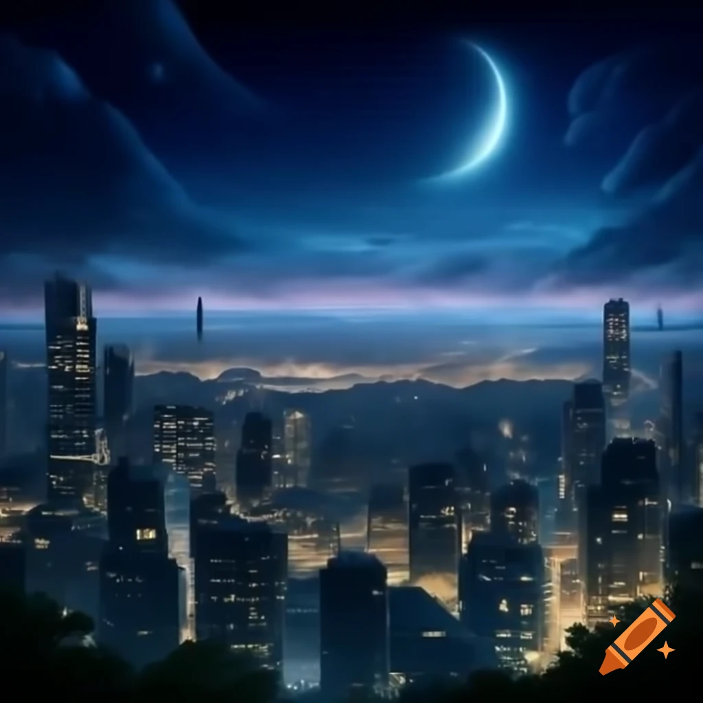 Distant night cityscape with illuminated buildings