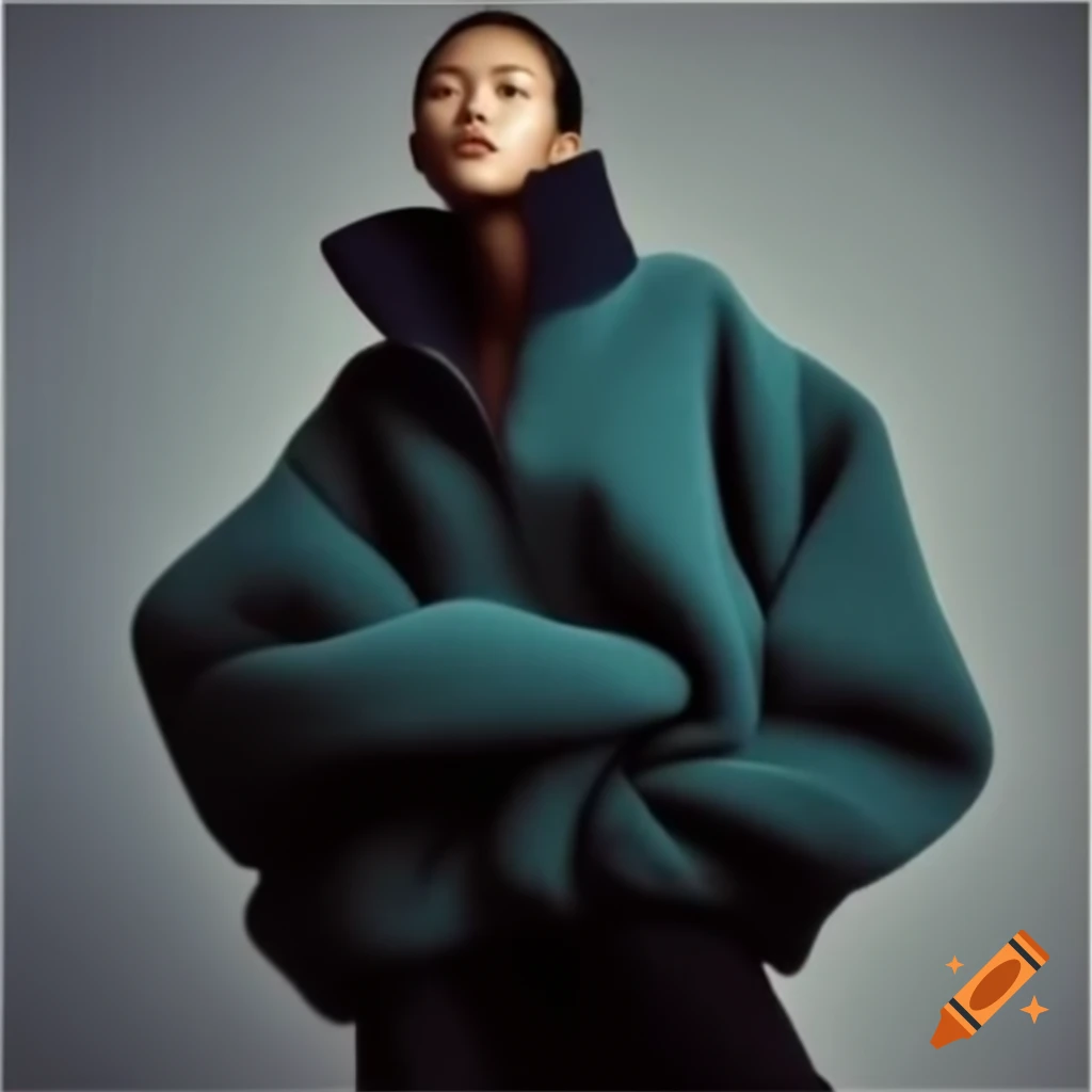 Asian model in oversized Balenciaga fleece clothing, full body fashion shot