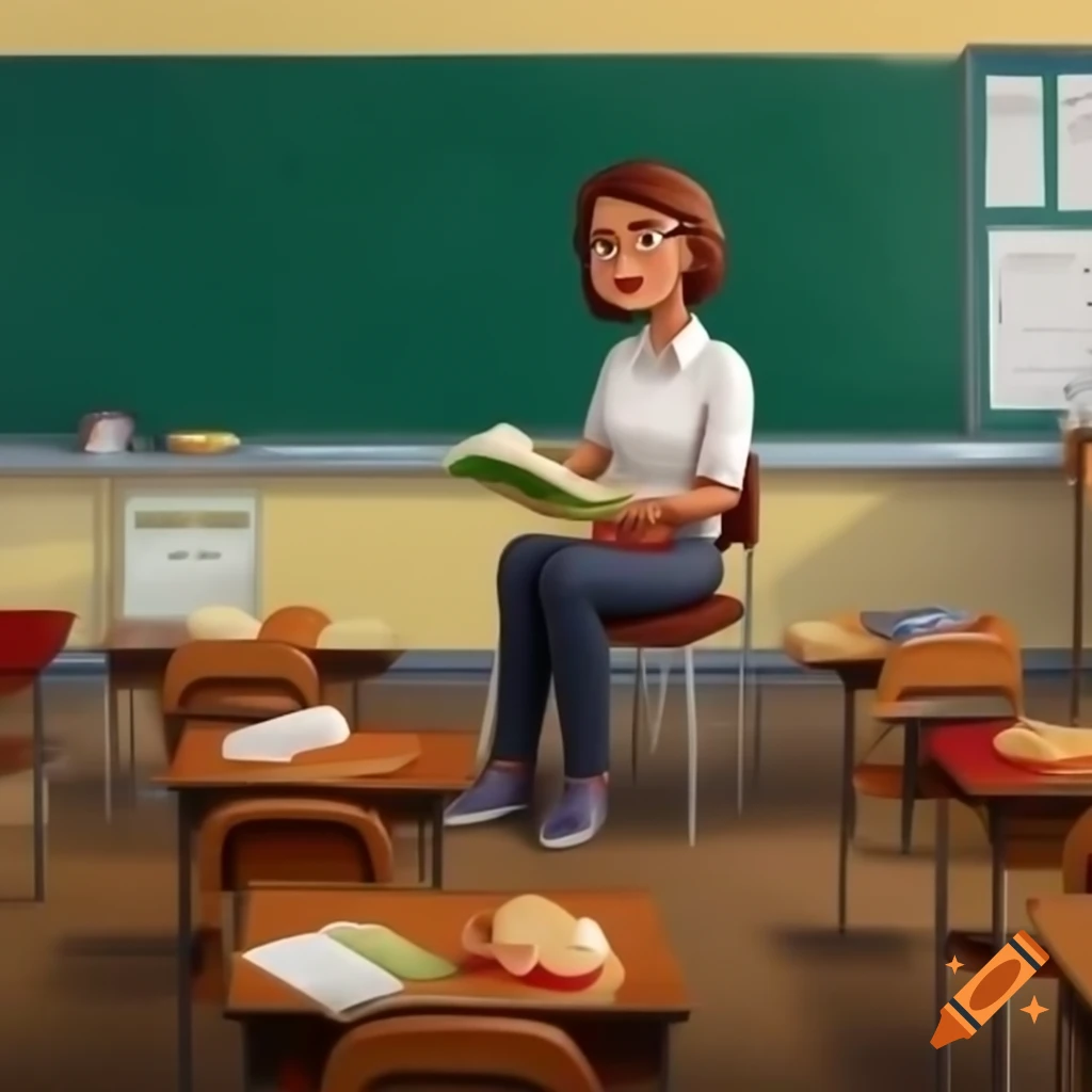 Teacher in classroom reviewing book with images of food items