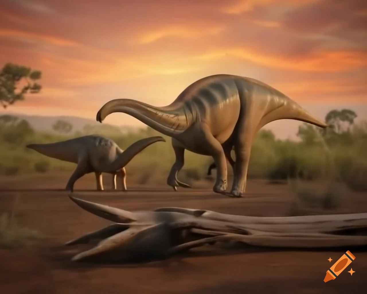 Cinnamon and grey striped hadrosaurus in Australian outback at golden hour