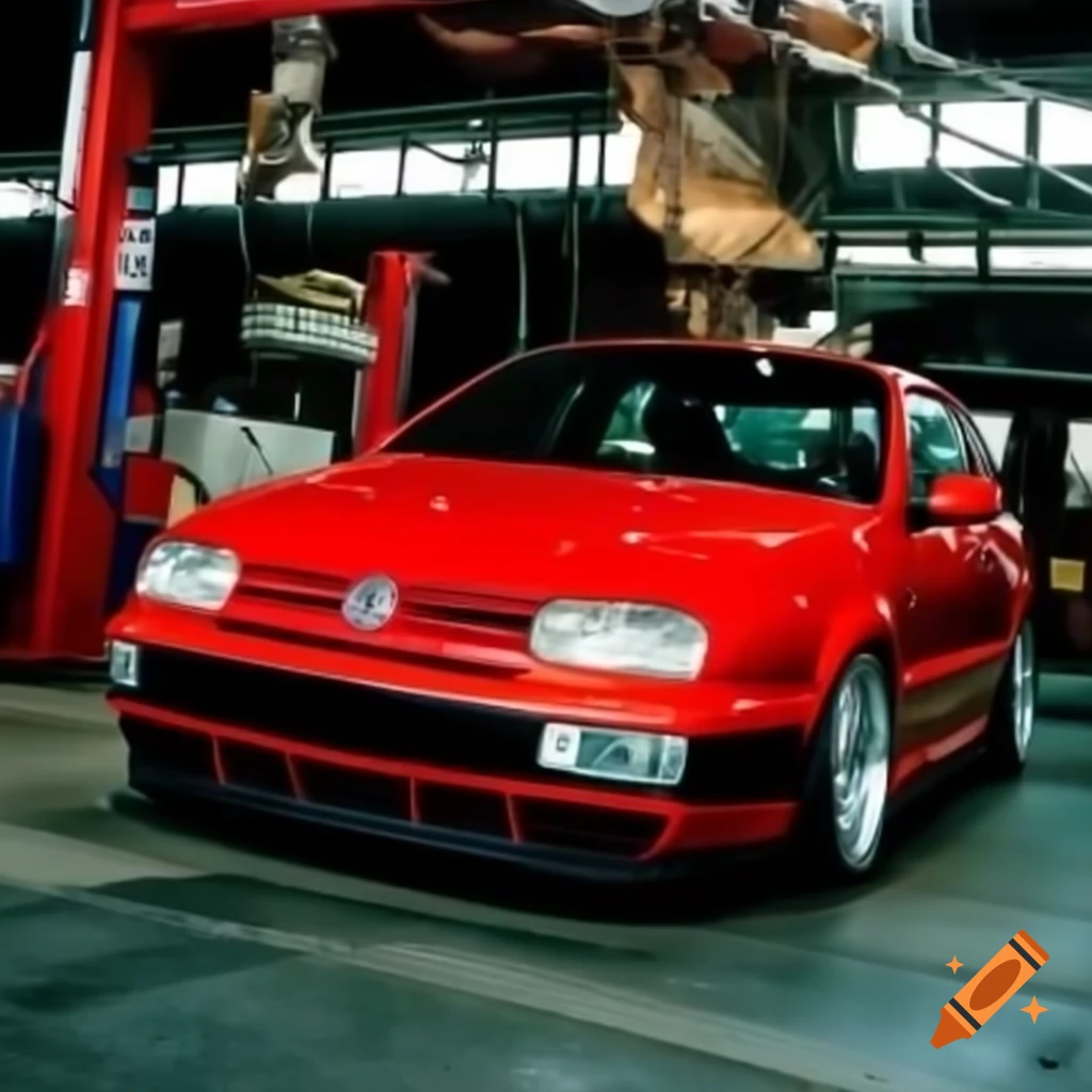 1999 red VW Polo at a mechanic