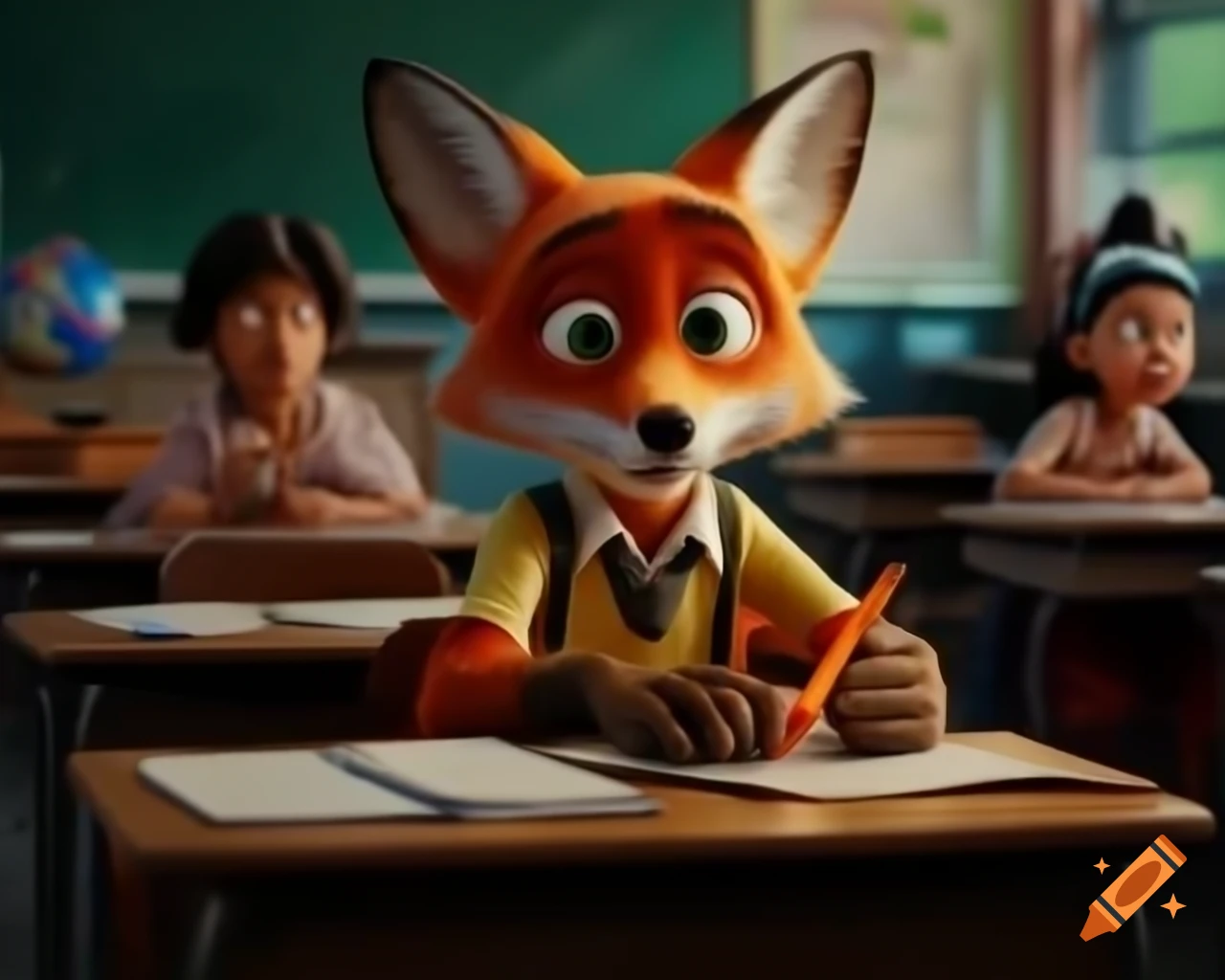 3D animated fox using orange crayon in classroom setting