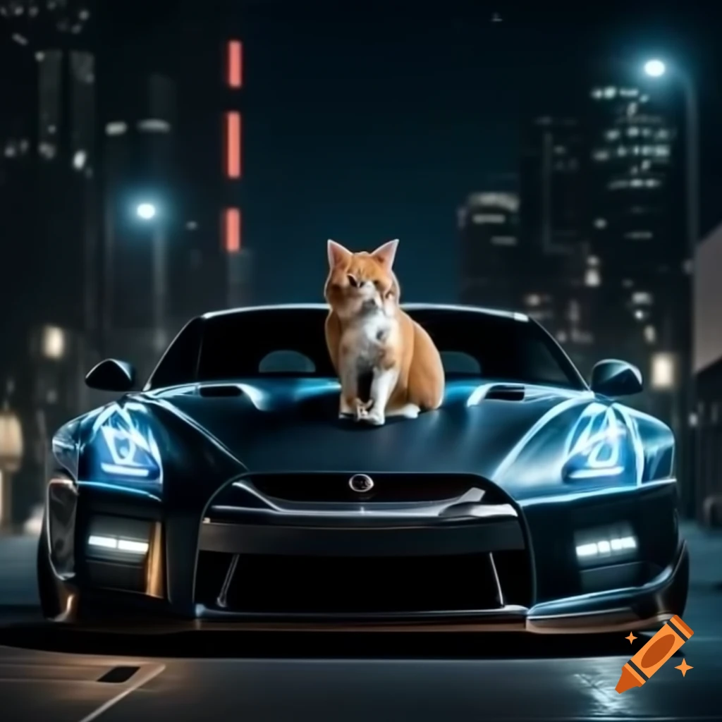 Cat in front of Nissan GTR35 in vibrant midnight cityscape
