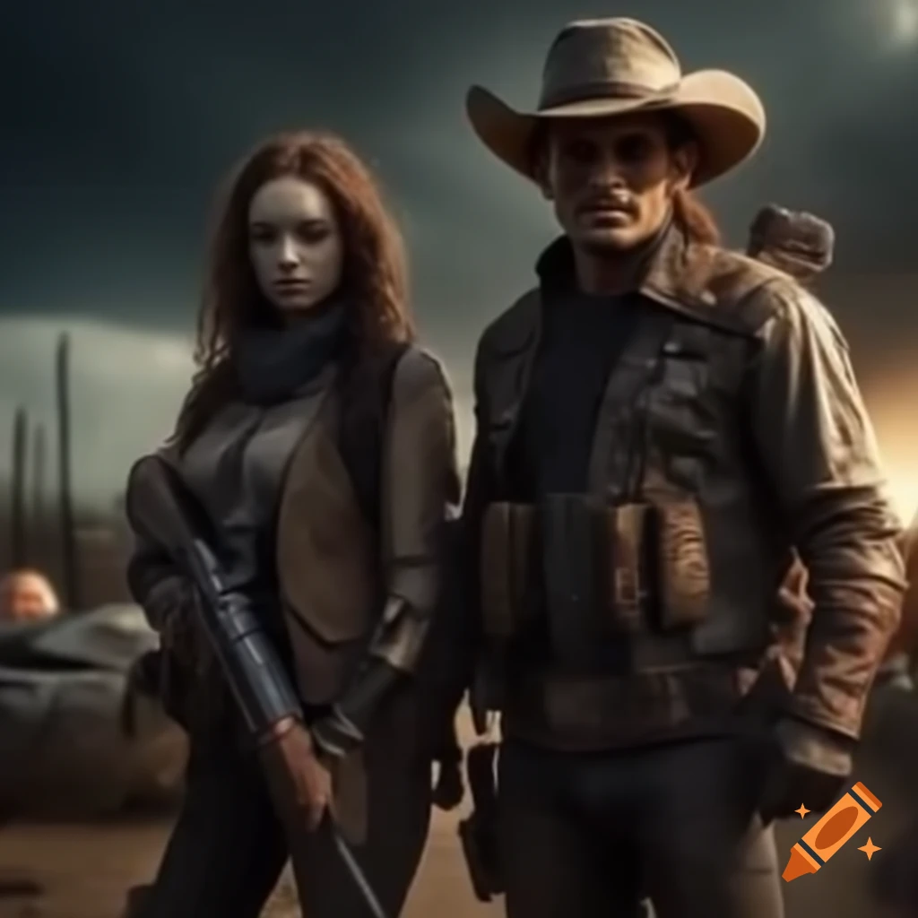 Badass couple Carlos and Rose equipped as outlaws in zombie apocalypse with motorbike