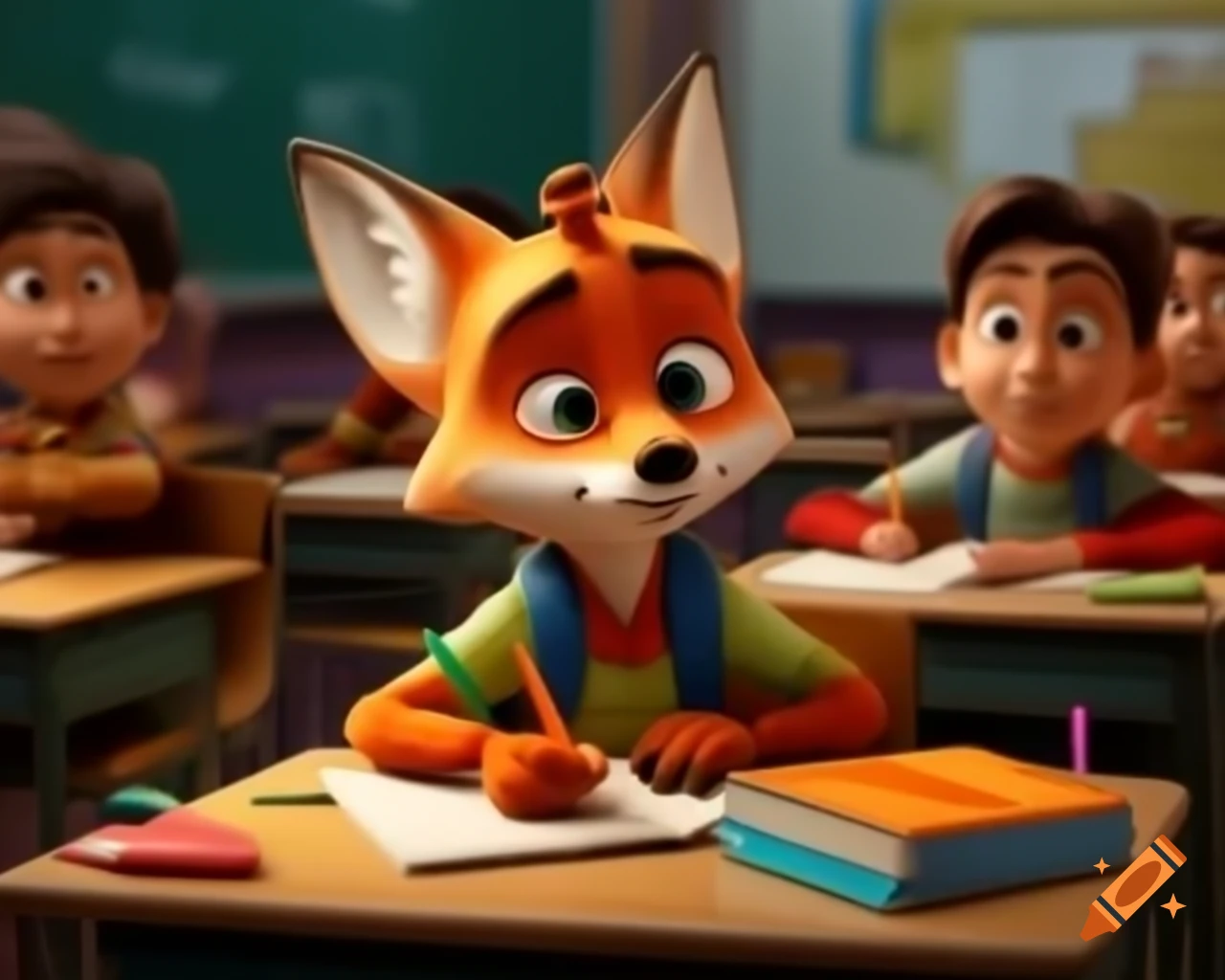 Fox in classroom using orange crayon in Disney Pixar 3D animation style