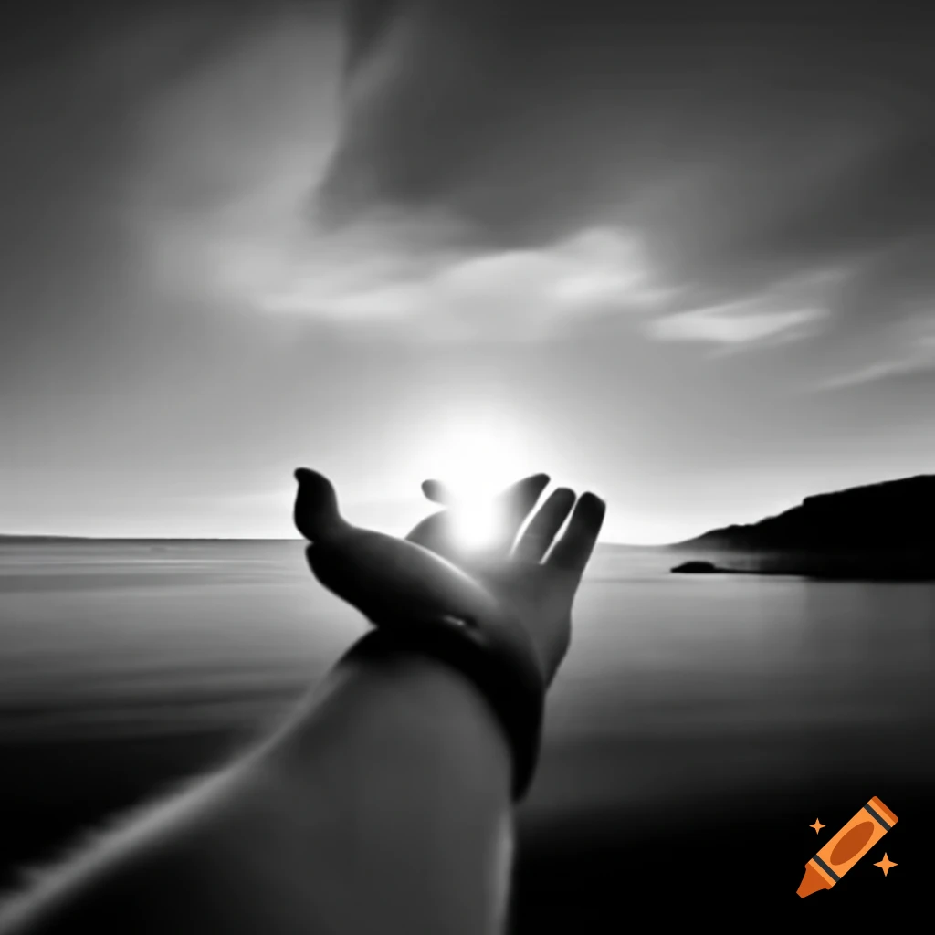 Hand holding the sun in black and white