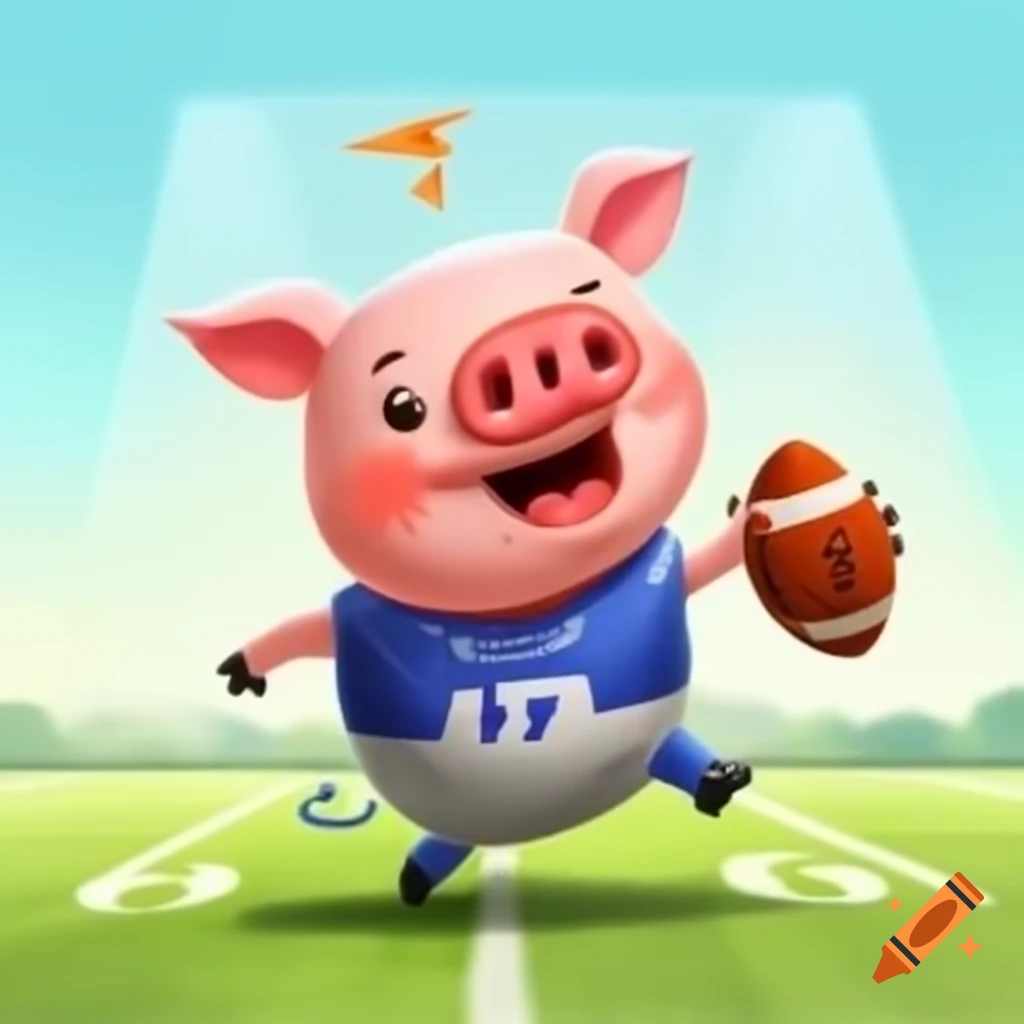Cartoon pig playing American football with cookout scene