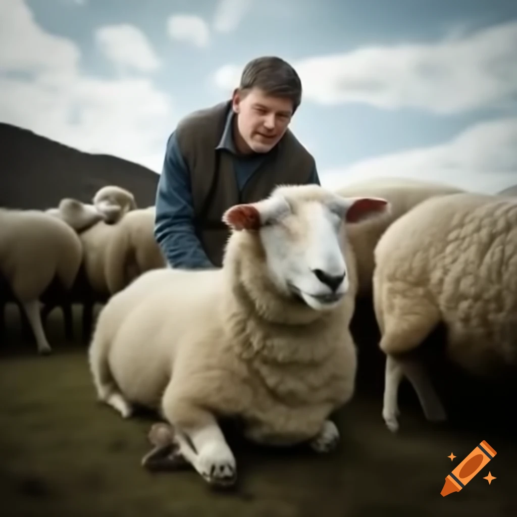 Farmer preparing to grab sheep in a field